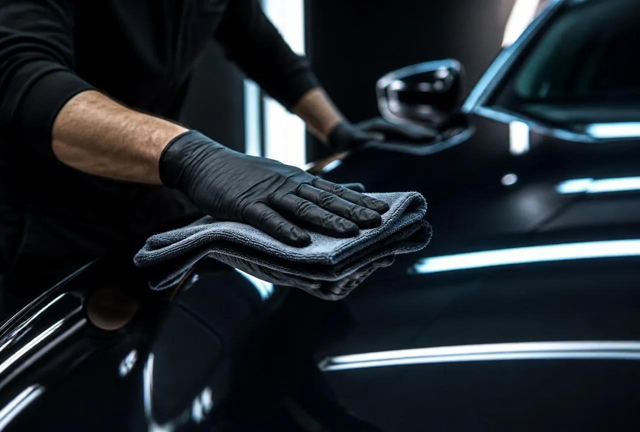Detailer pielęgnujący lakier samochodu mikrofibrą w studiu Clean Car