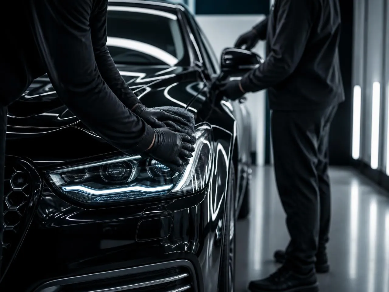 Zespół Clean Car podczas pracy przy samochodzie w studiu detailingowym